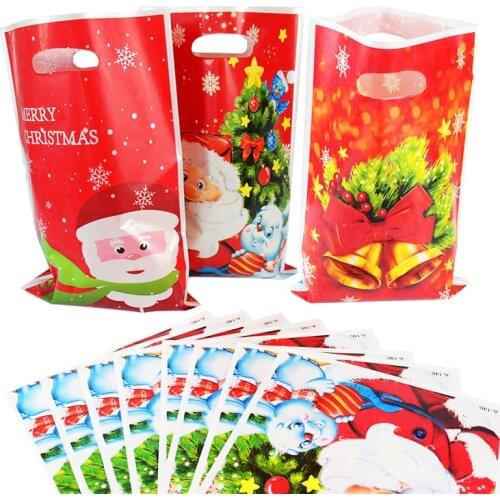 10pcs Merry Christmas Gift Bags Santa Claus Christmas Tree Pattern Plastic Candy Bag New Year Xmas Party Kids Gift Pakcing Pouch