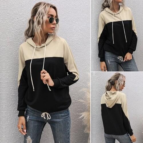Casual Hooded Drawstring Color Block Minimalist Pullovers Sweatshirt Autumn Women Sweatshirts