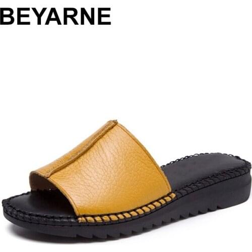 BEYARNE Handmade Sewing Genuine Leather Summer Women Slippers Open Toe Sandals Woman Shoes Flat Slippers Beach Flip Flops