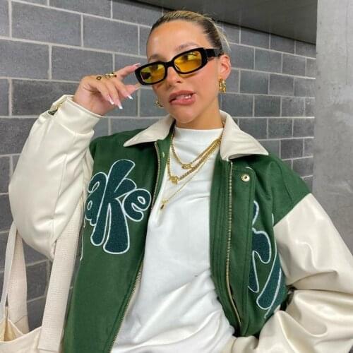 PU Faux Leather Jacket Women Autumn Baseball Jackets Coat Grass Green Contrast Sleeve TAKE A TRIP Letter Applique Coat Outerwear