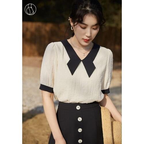 DUSHU White Black Women Butterfly Collar Chiffon Shirt 2021 Summer New V-neck Office Ladies Shirt Sexy Women Top