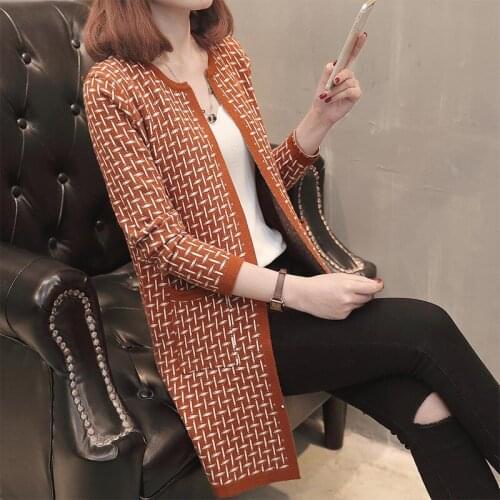 2020 Autumn New Womens Long Sweater Cardigan Long-sleeve Casual Plaid Loose Female Knitted Sweaters Cardigans Jacket Tops R672