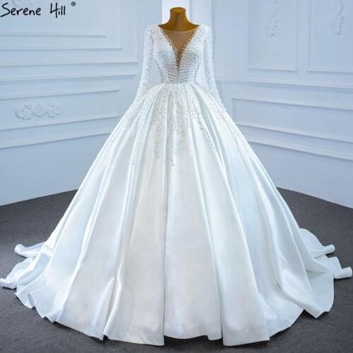 Serene Hill Satin White Sexy Plus Size Wedding Dresses Gowns Luxury Beading Pearls Lace Up Bridal Dress 2021 BHM67210