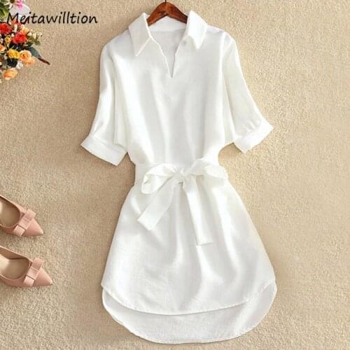 Summer Women Chiffon Shirt Dress 2020 Casual Solid Short Sleeve Loose Dress With Belt Elegant V-Neck Office Dresses
