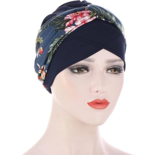 2021 Stretchy Printed Head Bands Bonnet Forehead Cross Turban Caps Muslim Inner Hijabs Arab Head Wraps Turbans Femme Musulman