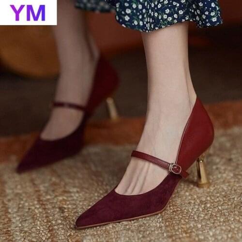 2021 Mary Janes Flock Leather Shoes Women Pumps Pointed Toe Thick High Heel Sweet Casual Party Zapatos Rojos Mujer Sexy Shoes
