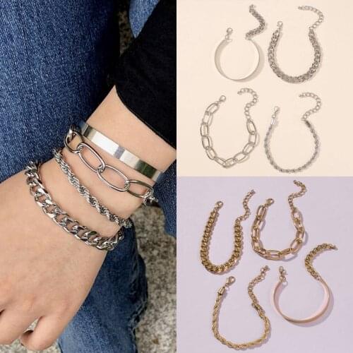 4pcs/set Punk Gold Rock Heavy Metal Thick Chain Bangles Bracelet Cuban Link Bracelets Set For Women Boho Jewelry Gifts