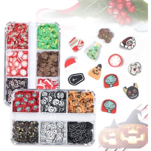 6 Grids 3D Christmas Polymer Clay Flake Kit For Nail Art Decorations Halloween Ghost Witch Nails Charms DIY Manicure Accessories