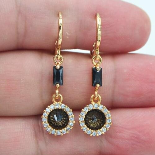 AAA+ Cubic Zirconia Gold Color Fashion Women Round Black CZ Circle Dangle Earrings Jewelry