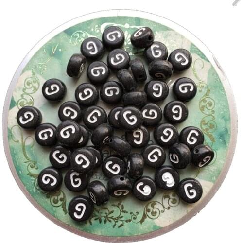 Free Shipping 100pcs 4*7MM Black Single Initial Letter G Acrylic Beads Flat Coin Round Shape Plastic Alphabet Bracelet Beads