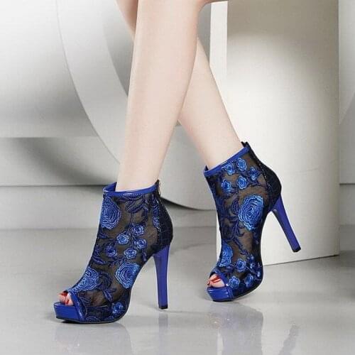 Sexy Fashion Mesh Sandals Boots Woman High Heels Lace Boots Women Summer Shoes Embroidery Flower Peep Toe Black Female 2021