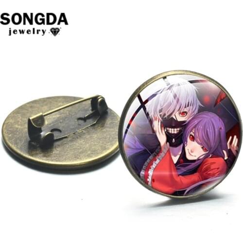 SONGDA Tokyo Ghoul Kaneki Ken Brooch Ancient Bronze Color Glass Photo Cabochon Brooches and Pins Japanese Anime Badges for Teens