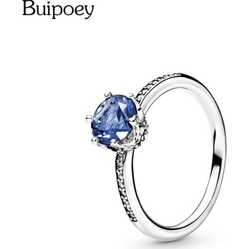 Buipoey New 2020 Blue Shiny Zircon Crown Rings For Women Men Original Crystal Wedding Ring Fine Couples Stackable Ring Jewelry