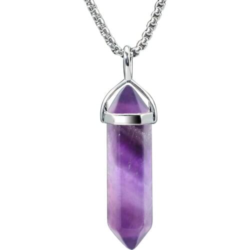 Gem Necklace Hexagonal pointed Healing Reiki Chakra Pendant Necklace with Stainless Steel Chain 18 inches