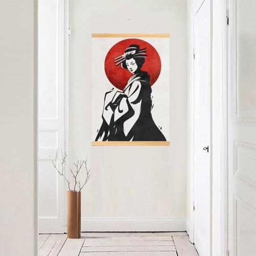 Canvas Home Decoration Japan Woman Poster Print Pictures Ink Painting Wall Art Wooden Scroll Hanging Painting Bedside Background