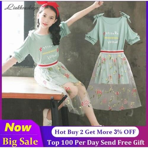 Summer Clothes For Girls Bow Sleeves ChildrenS Clothes For Girls Tshirt + Mesh Skirt Girls Clothes Teenage ChildrenS Costume