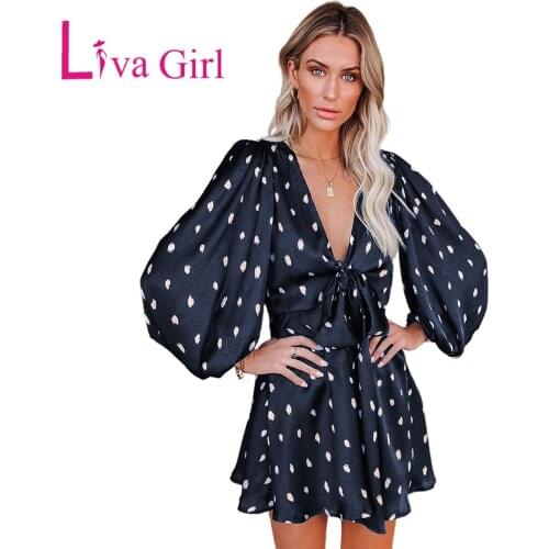 LIVA GIRL 2021 Woman Sexy Blue Deep V Neck Balloon Sleeve Knotted Dot Print A-Line Dress Female Elegant Slim Loose Mini Dress XL