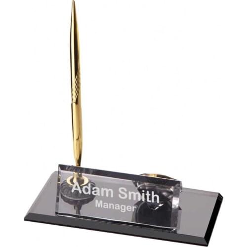 Crystal Glass Desk Name Plate and Pen Desk Stand Set - Personalized Name Plate, Crystal Clock, Custom Engraved Awards, Teachers