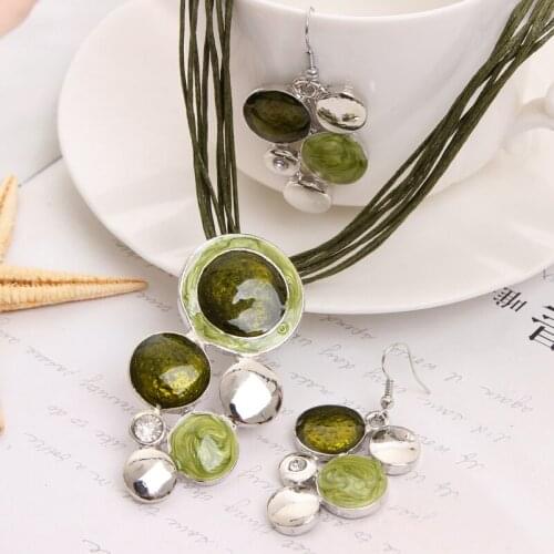 Fashion Women Silver Filled Enamel Circles Jewelry Sets Leather Chain Pendant Necklace Drop Earrings sets Wholesale Summer Gifts