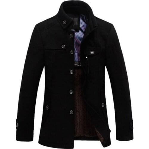 New Autumn Winter Wool Overcoat Men Stand Collar Trench Coat Business Casual Men Wool Blends Coats/Black Woolen Jacket