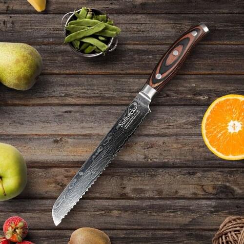 SUNNECKO 8" Bread Knife Japanese VG10 Damascus Steel Kitchen Knives Razor Sharp Blade Wood Handle Cleaver Breakfast Slicer