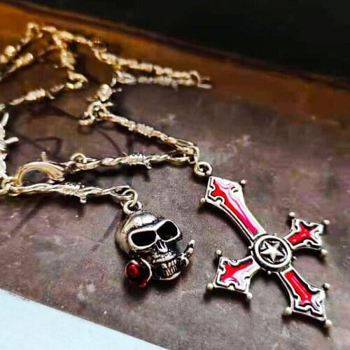 Gothic Punk Cross Skull Pendant Necklace for Men Vintage Hip Hop Trend Pentagram Skeleton Womens Goth Jewelry Halloween VGN082