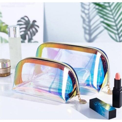 Laser Transparent Cosmetic Bag PU Colorful Portable Travel Waterproof Half Round Toiletry Pouch Casual Shopping Zipper Pouch