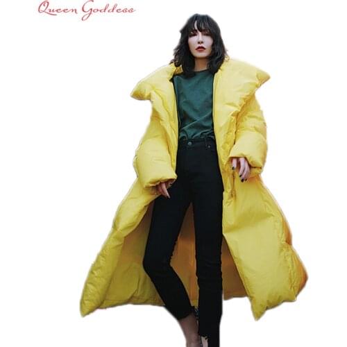 Europe new popular high end quality yellow and black 90% white duck long down jacket loose type outwear office lady collection