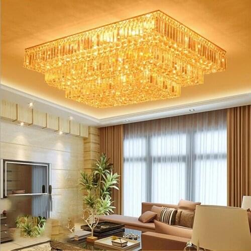 Luxury 2/3 Layers Golden K9 Crystal Light LED 5W Remote Control Rectangular Ceiling Lamp For Living Room Hall Hotel Decoration
