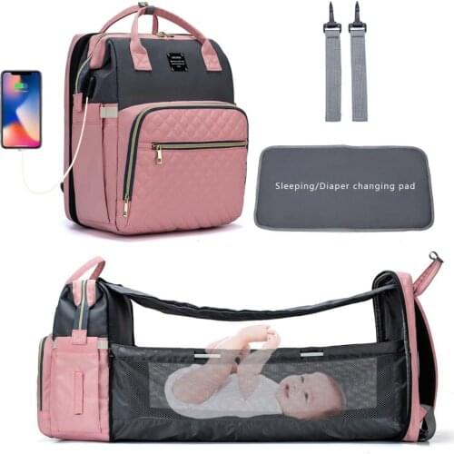 New Design 3 In 1 USB Diaper Bag Baby Crib Foldable Sleeping Bed, Changing Sunshine Shade With Pad
