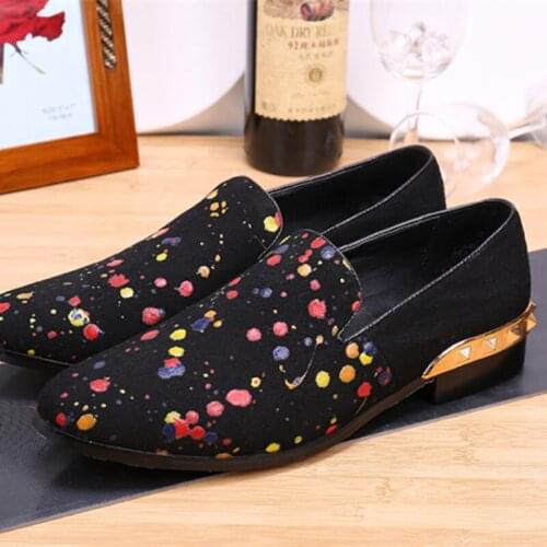 Christia Bella New Fashion Large Size Male Color Graffiti Suede Leather Slip on Flats Shoes Mens Nighclub Party Loafers Shoes