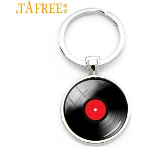 TAFREE Vinyl record picture key chain retro gramophone record keychain glass cabochon dome alloy jewelry music lovers gift KC141