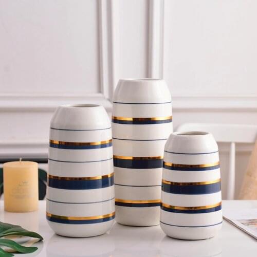 Modern Centerpiece Vase White and Blue Ceramic Flower Vase Home Decoration Gold Plated Dried Flower Container 20/25/30cm