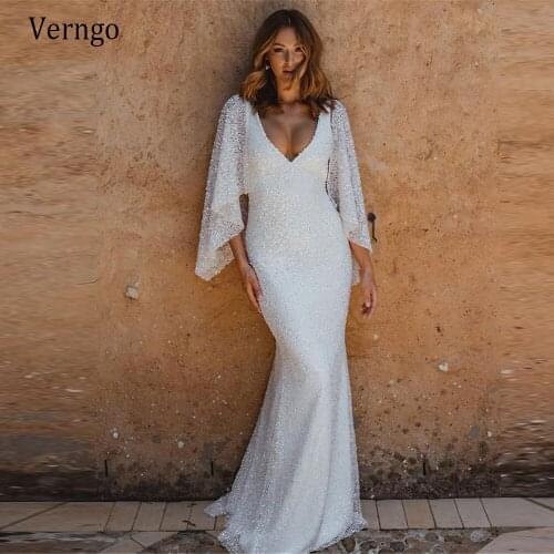 Verngo 2021 Glitter Sequin Mermaid Wedding Dress Removable Puff Long Sleeves V Neck Beads Sash Floor Length Bridal Formal Gowns