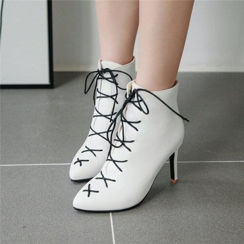 YMECHIC 2019 Fashion Stiletto Shoes Yellow White Black Lace Up Cross Tied Sexy High Heel Boots Pointed Toe Womens Boots Ankle