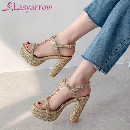 Lasyarrow Big size 31-46 Hot sale women sandals ankle strap peep toe Sequin Cloth high heels summer sandals platform party shoes