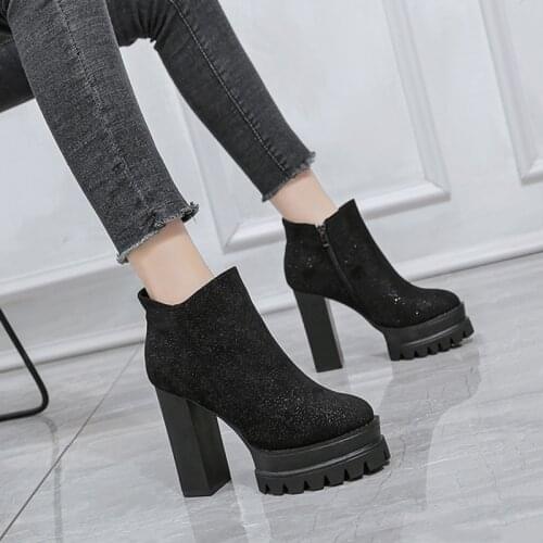 Thick-heeled super high-heeled Ankle boots pure black side zipper women shoes 2021 new fashion shoes simple womens shoes