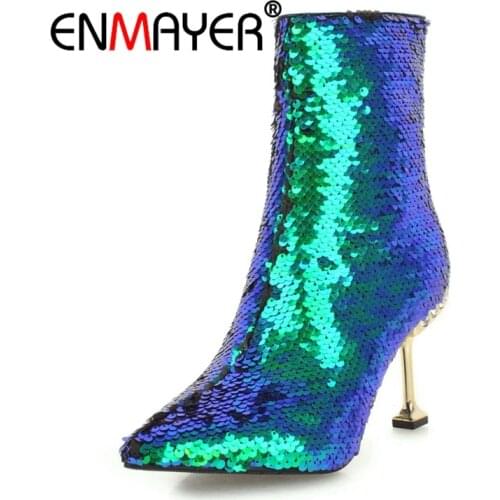 ENMAYER Women Ankle boots Pointed Toe High heels Short boots Autumn Winter boots Glitter shoes Silver Zipper women boots