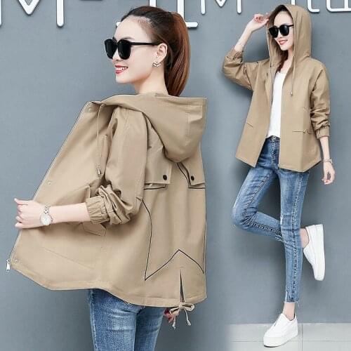 Plus Size 3XL 4XL Long Sleeve Short Trench coat Women 2021 New Spring Autumn Casual Khaki Hooded Windbreaker Overcoat Female