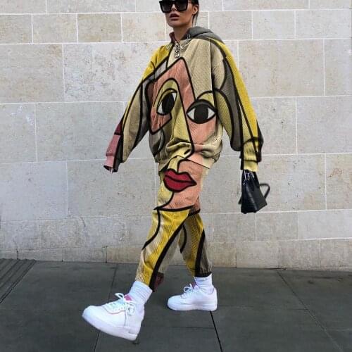 Women Tracksuit Sweatpants Hip Hop Face Graffiti Hip Hop Long Sleeve Hoodies Sweatshirt Baggy Pant Plus Size 2 Piece Set Outfits