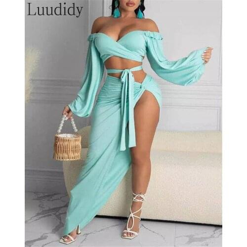 Women Knitted Long Sleeve Tie Detail Bandeau Tops and Asymmetrical Skirt 2 Piece Sets