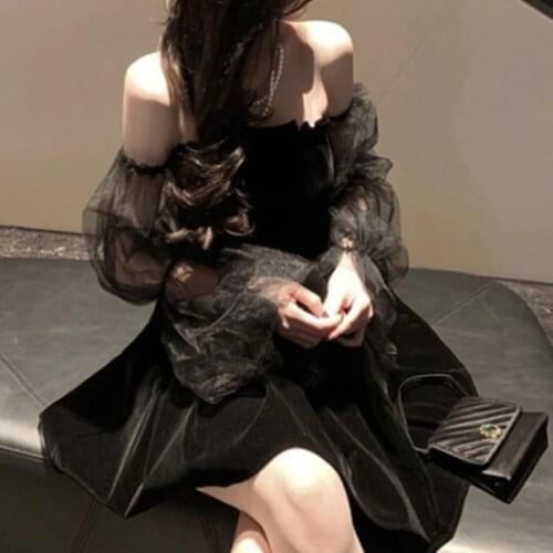 Gothic Sexy Dress Vintage Off Shoulder Lanter Sleeve Mesh Patchwork Velvet Mini Dress Dark Street Black Dress For Female