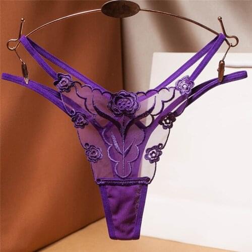 Women Ecrotic Lingerie Floral Embroidery Mesh Transparent Solid Color Sexy G String Thongs Female Bandage Underwear