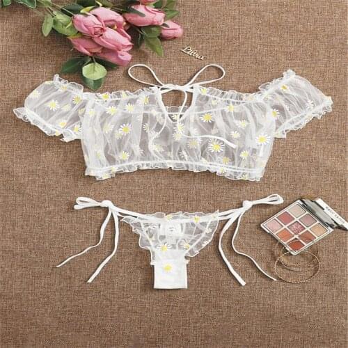 2Pcs Women Lace Lingerie Suit Sexy Sheer Floral Printing Off-Shoulder Crop Top + Tie-Waist Thong-Panty Gift For Boyfriend