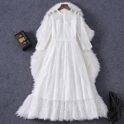 Women white lace dress new 2021 spring summer hollow out see through elegant mid-calf a-line long sleeve sexy mesh dresses