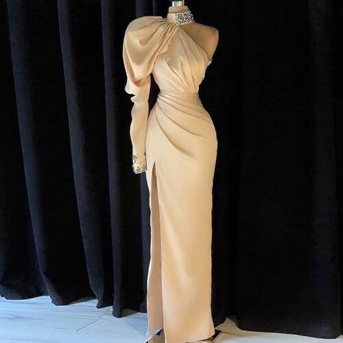 Eightale Arabic Evening Dresses High Neck Champagne Beaded One Sleeve Prom Gowns Mermaid Custom Made Formal Party Dress 2021