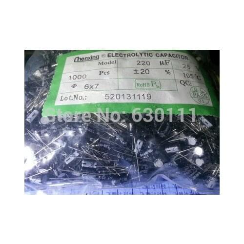 Free shipping 1000pcs NEW 25V 220UF 6*7MM 220UF 25V electrolytic capacitor
