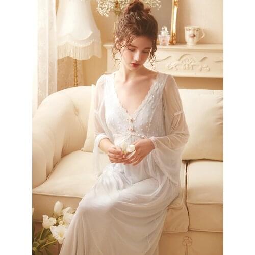 Free Shipping 2021 New Princess Nightdress Womens Long Nightgown Lace Sleepwear Modal White and Blue Nightshirt
