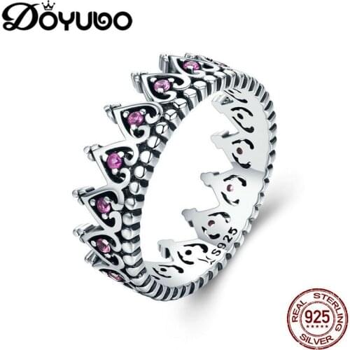DOYUBO New Arrival 925 Sterling Silver Crown Rings For Women Pink Cubic Zircon Lady Real Silver Fashion Anniversary Rings AGB050