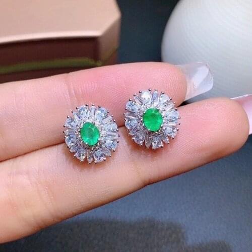 Emerald Silver Earrings 4mm*5mm Natural Emerald Stud Earrings 925 Silver Emerald Jewelry Gift for Woman